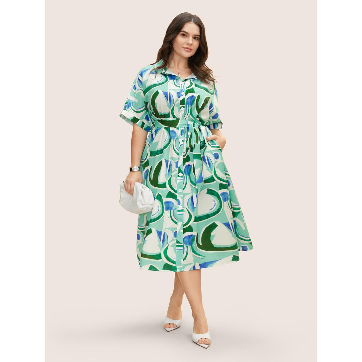 Plus Size Geometric Elastic Waist Drop Shoulder Sleeve Midi Dress Arctic Women At the Office Belted Shirt collar Short sleeve Curvy BloomChic 12/L Product Image