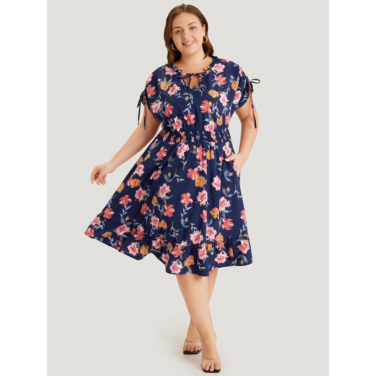 Plus Size Floral Knot Neck Drawstring Dolman Sleeve Shirred Dress Navy Women Elegant Frill Trim V-neck Short sleeve Curvy Midi Dress BloomChic 30/6X Product Image
