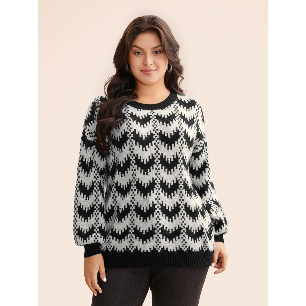 Plus Size Geometric Jacquard Drop Shoulder Sleeve Pullover Black Women Casual Loose Long Sleeve Round Neck Everyday Pullovers BloomChic 12/L Product Image