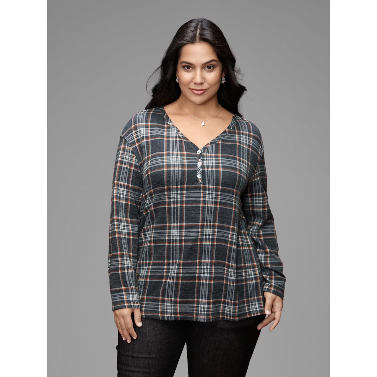 Plus Size Plaid V-neck Full Sleeves Slim-Fit Tee DimGray Women Casual Button V-neck Everyday T-shirts BloomChic 18-20/2X Product Image