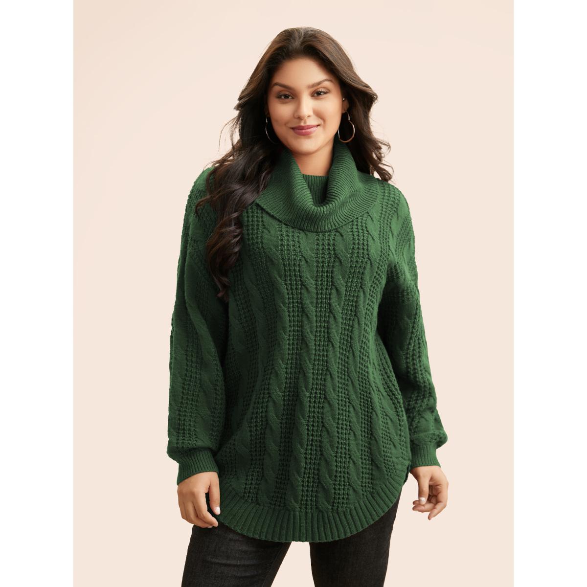 Plus Size Turtleneck Cable Knit Curved Hem Pullover Burgundy Women Leisure Loose Long Sleeve Turtleneck Casual Pullovers BloomChic 28/5X Product Image