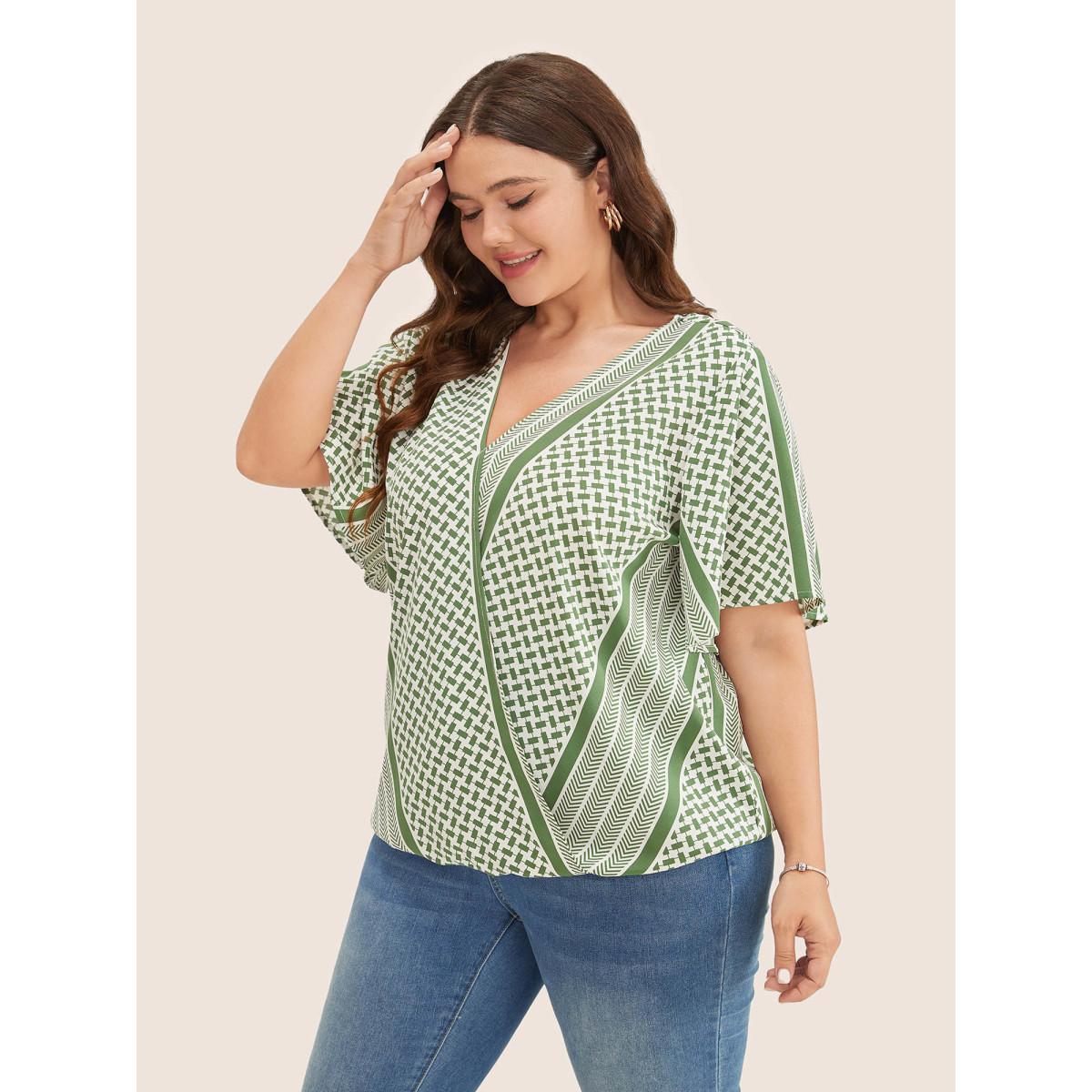Plus Size Moss Geometric Contrast Ruffle Sleeve Wrap Blouse Women Resort Short sleeve Overlap Collar Vacation Blouses BloomChic 30/6X Product Image