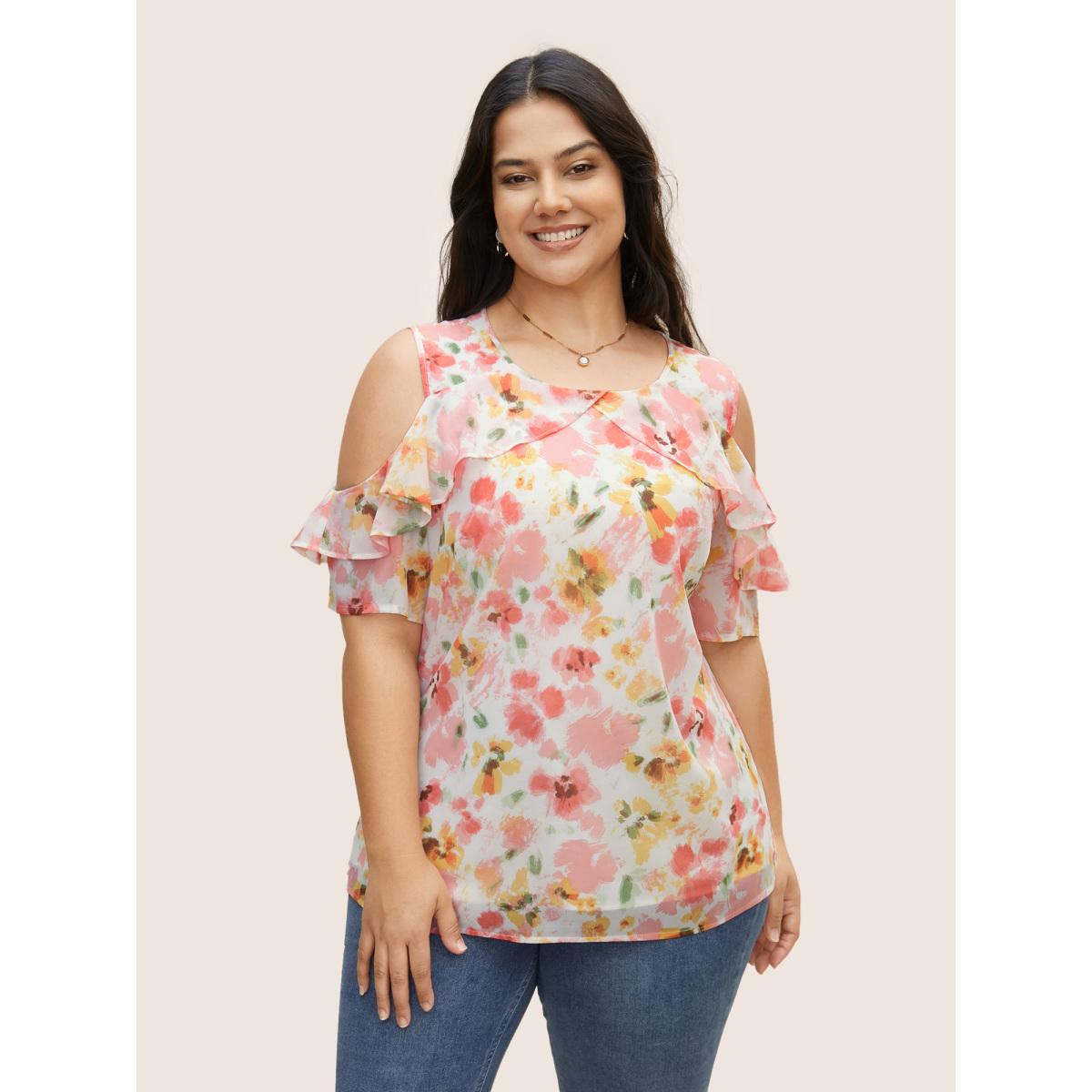 Plus Size Blush Watercolor Floral Cold Shoulder Ruffles Blouse Women Elegant Short sleeve Round Neck Everyday Blouses BloomChic 30/6X Product Image