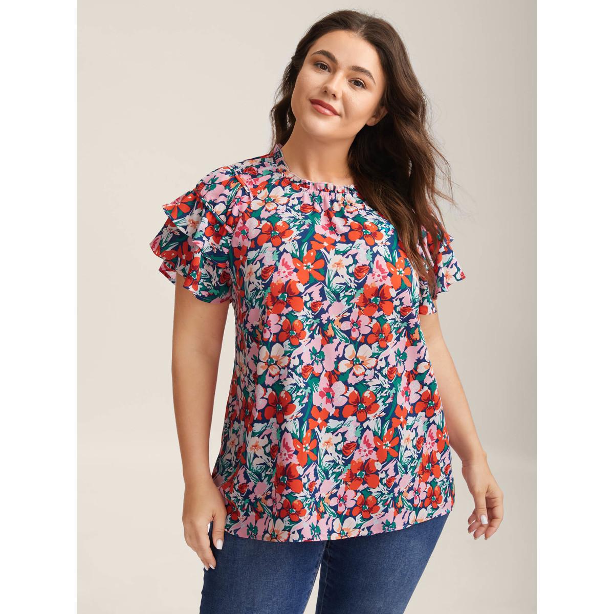 Plus Size Multicolor Groovy Floral Print Ruffled Layered Sleeve Blouse Women Leisure Short sleeve Round Neck Casual Blouses BloomChic 26/4X Product Image