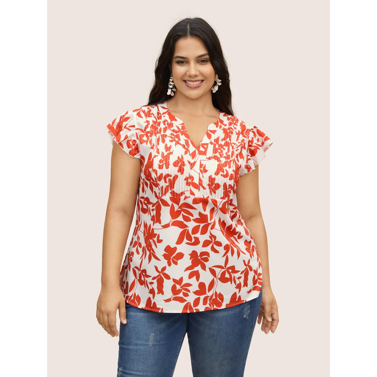 Plus Size OrangeRed Silhouette Floral Print Notched Collar Pleated Blouse Women Resort Cap Sleeve Notched collar Vacation Blouses BloomChic 12/L Product Image
