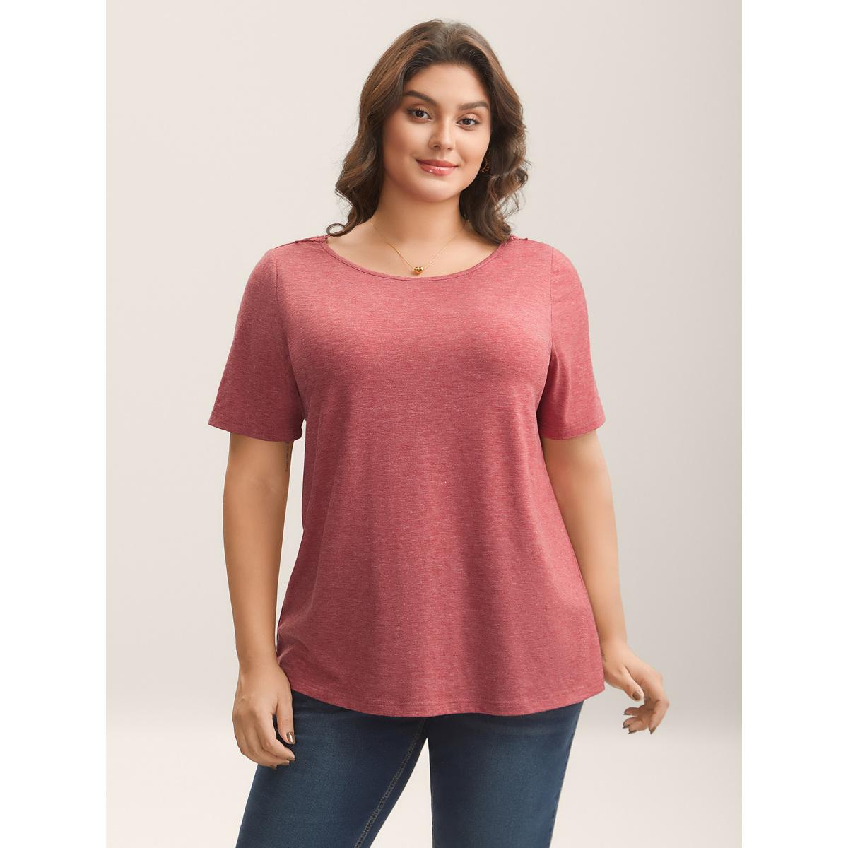 Plus Size Stretchy Floral Backless Plain T-Shirt Russet Women Woven ribbon&lace trim Round Neck Everyday-Elegant T-shirts BloomChic 12/L Product Image