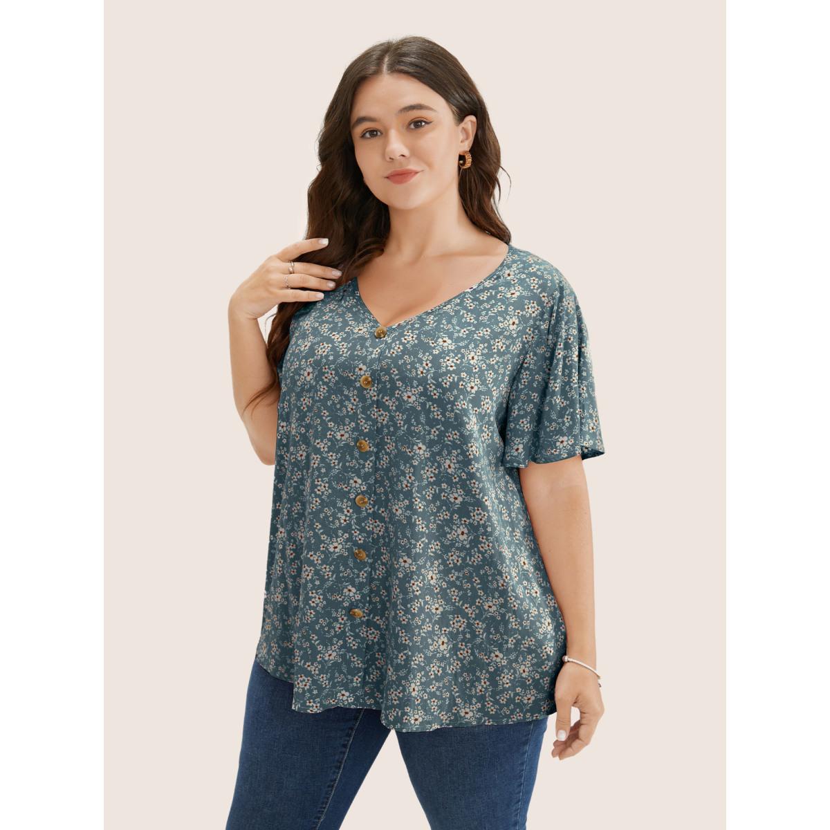 Plus Size Aegean Ditsy Floral Contrast Ruffle Sleeve Button Detail Blouse Women Timeless Short sleeve Non Elegant Blouses BloomChic 18-20/2X Product Image