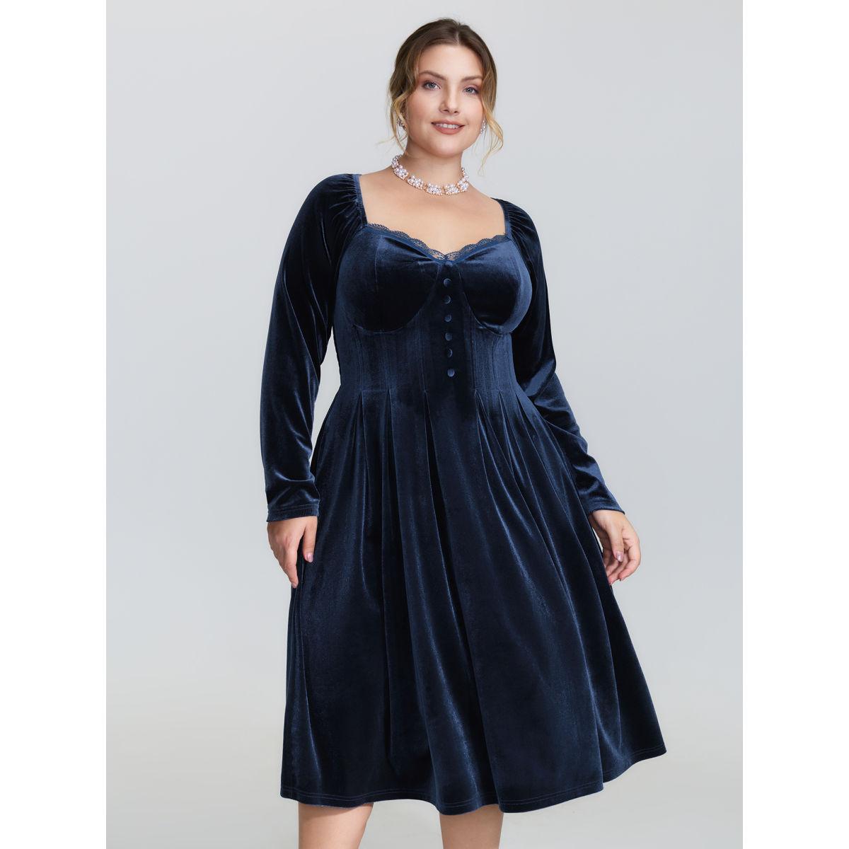 Plus Size Velvet Lace Trim Stitch Shirred Midi Dress Indigo Women Retro Gathered Square Neck Long Sleeve Curvy BloomChic 30/6X Product Image