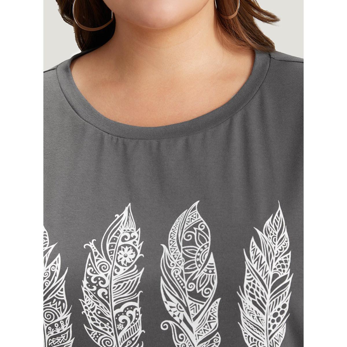 Plus Size Feather Print Roll Sleeve T-shirt DimGray Women Casual Printed Feather Dailywear T-shirts BloomChic 22-24/3X Product Image