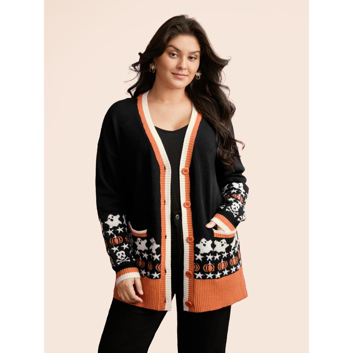 Plus Size Supersoft Essentials Happy Hauntings Contrast Placket Cardigan Black Women Casual Loose Long Sleeve Everyday Cardigans BloomChic 14-16/1X Product Image