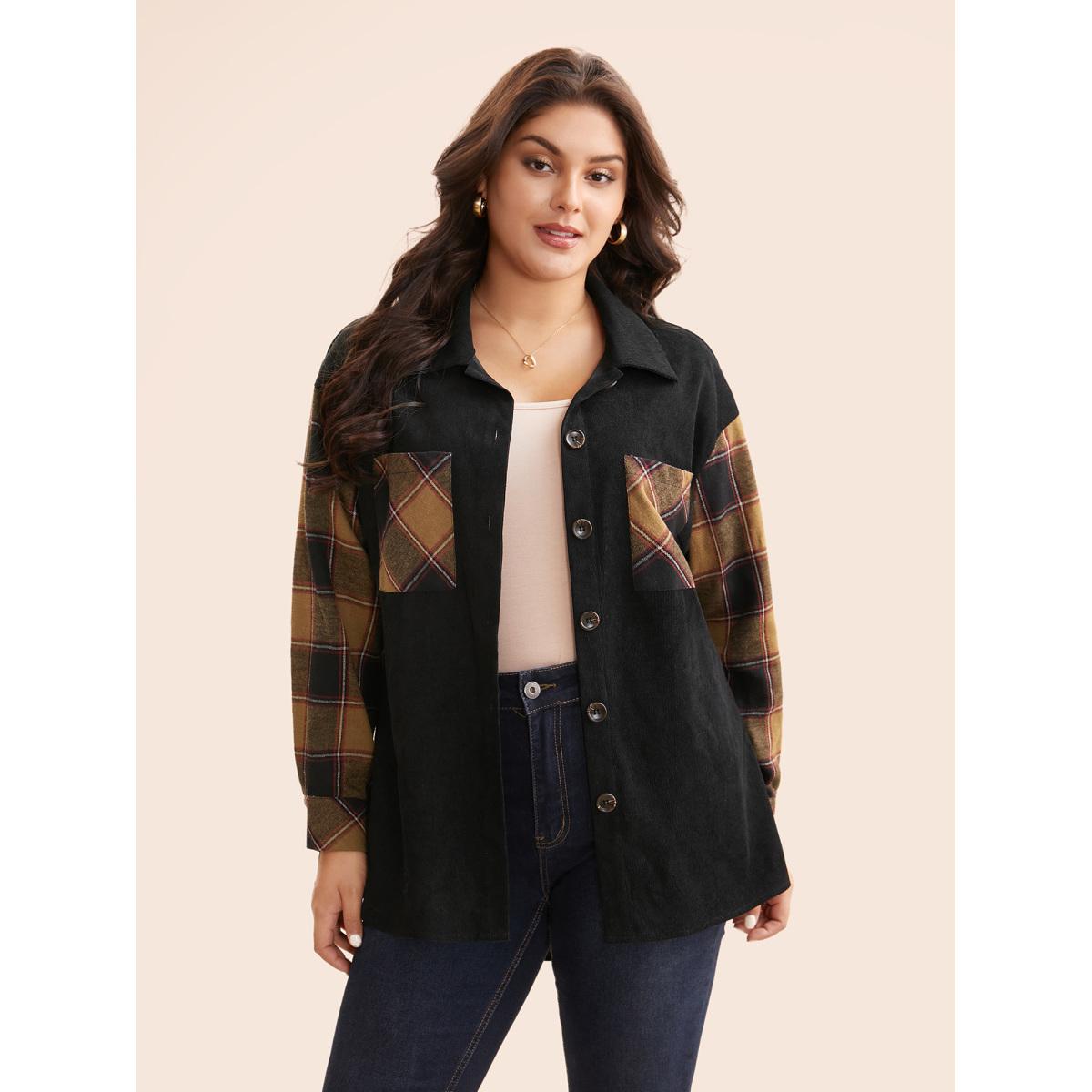 Plus Size Plaid Patchwork Patched Pocket Jacket Women Black Contrast Loose Patch pocket Everyday Jackets BloomChic 22-24/3X Product Image