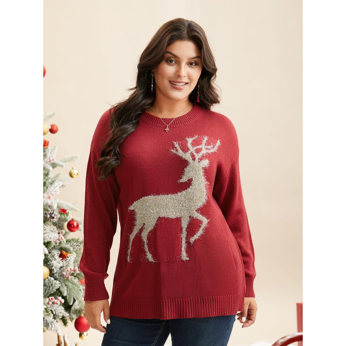 Plus Size Fuzzy Reindeer Motif Crew-Neck Pullover Scarlet Women Casual Loose Long Sleeve Round Neck Everyday Pullovers BloomChic 14-16/1X Product Image
