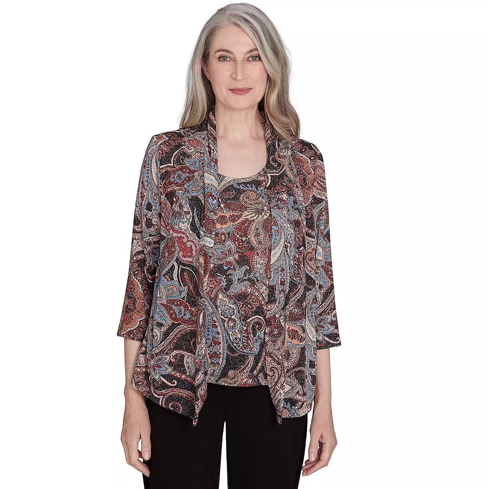 Women's Alfred Dunner Metallic Paisley Two-In-One Top with Necklace, Size: Medium, Neutral Team Product Image