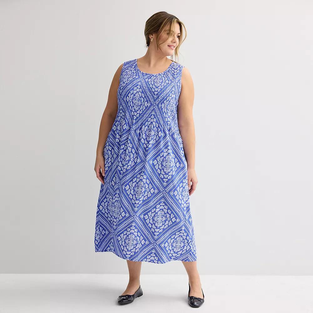 Plus Size Croft & Barrow® Smocked Midi Dress, Women's, Size: 5XL, Blue Scarf Tile Product Image