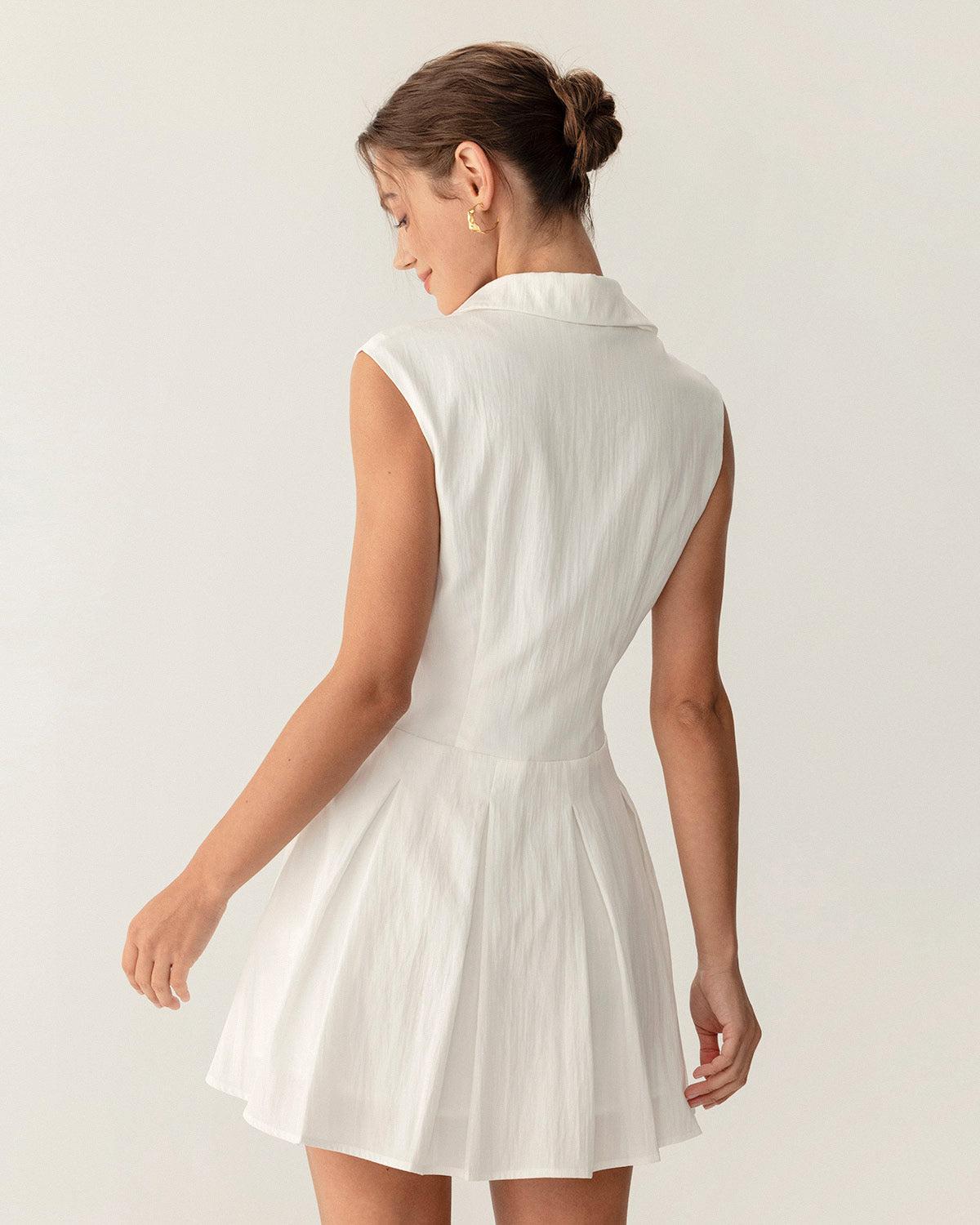 White Button A-Line Sleeveless Mini Dress Product Image