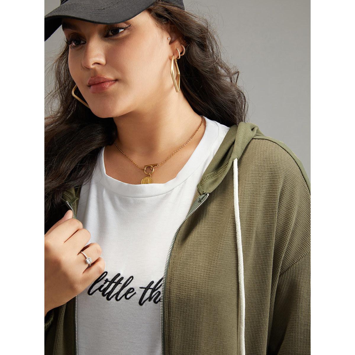 Plus Size Waffle Knit Hooded Drawstring Sweatshirt Women ArmyGreen Casual Plain Loose Hooded Dailywear Sweatshirts BloomChic 26/4X Product Image