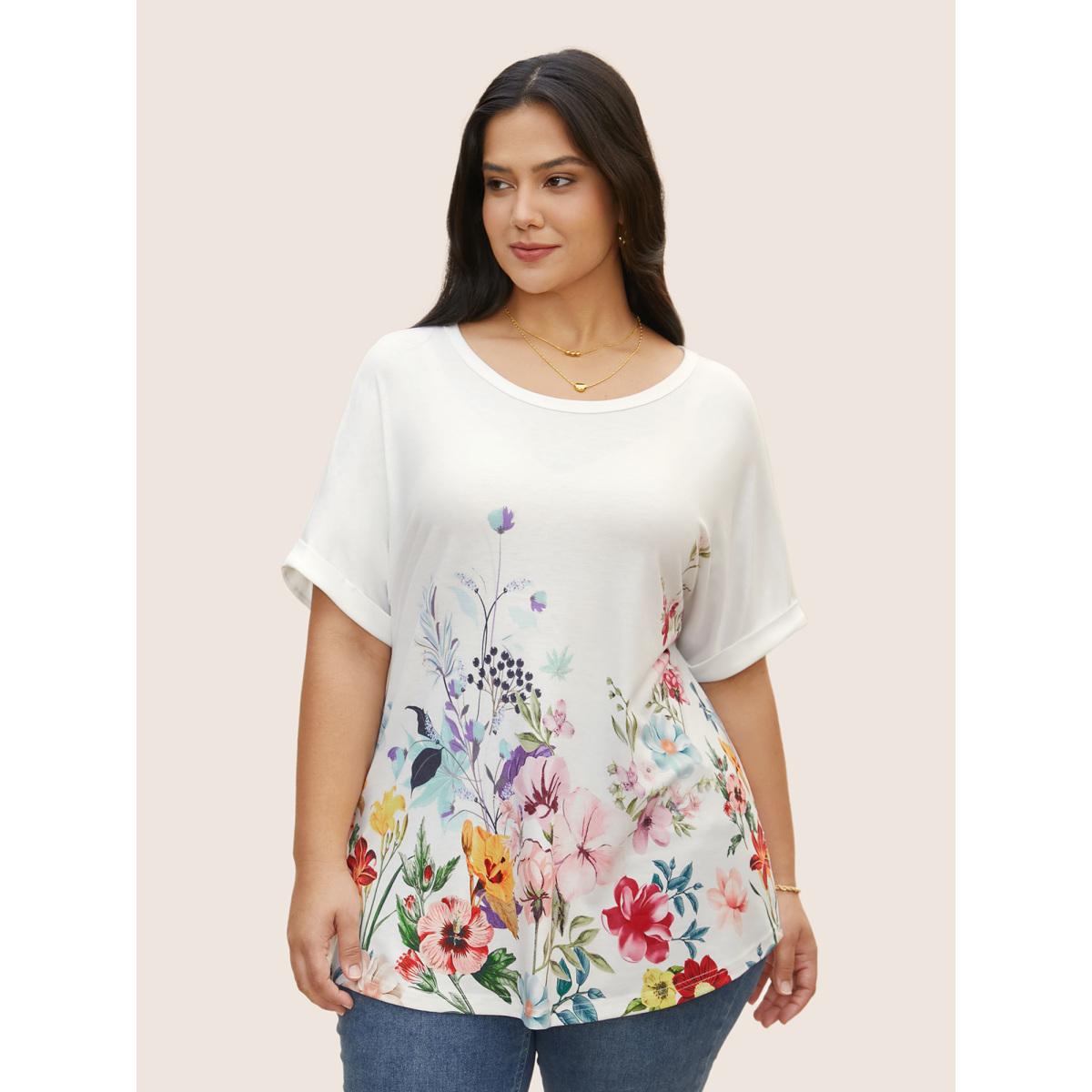 Plus Size Round Neck Natural Flowers Cuffed Sleeve T-shirt Dirtypink Women Elegant Contrast Natural Flowers Round Neck Everyday T-shirts BloomChic 10/M Product Image