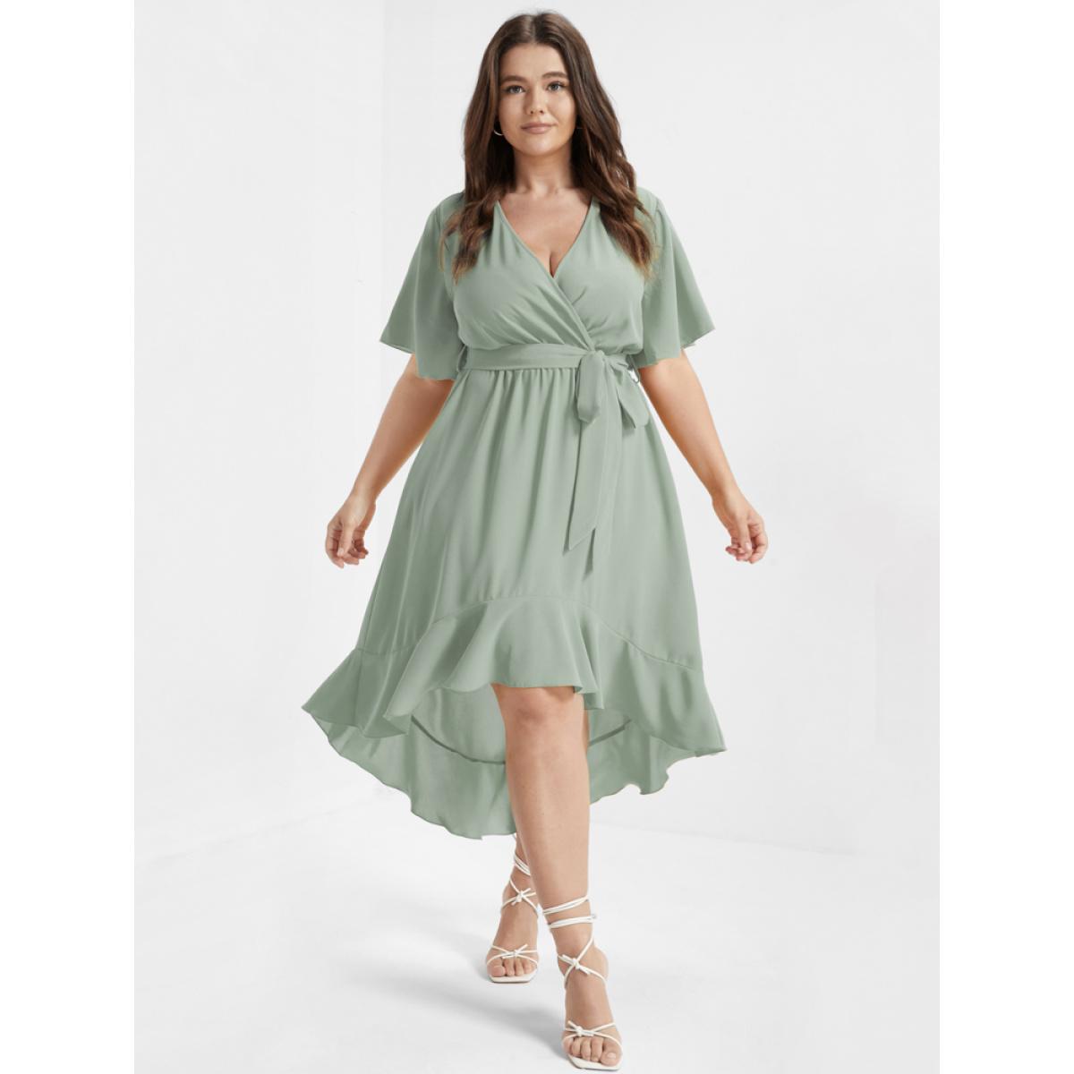 Plus Size Bloom Dress - Solid Tie Surplice Ruffle High Low Dress LightGreen Women Elegant Cross straps V-neck Short sleeve Curvy Midi Dress BloomChic 14/1X Product Image