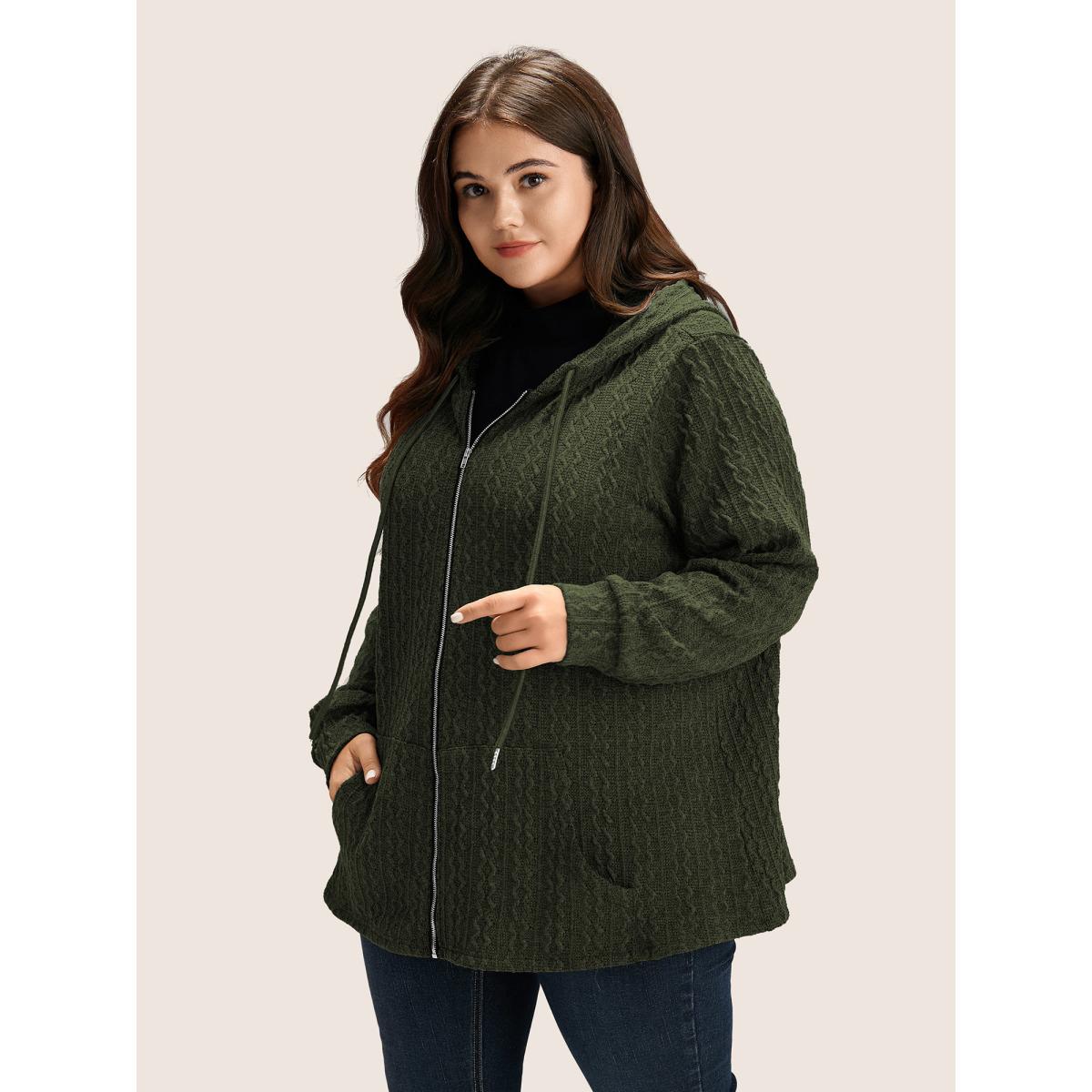 Plus Size Plain Textured Zipper Hooded Sweatshirt Women ArmyGreen Casual Non Hooded Everyday Sweatshirts BloomChic 12/L Product Image