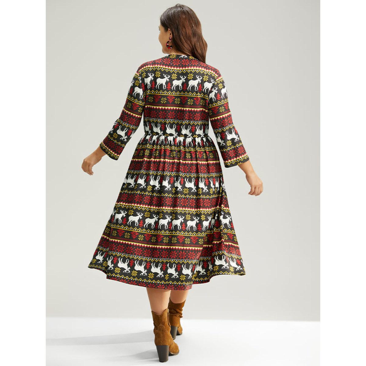 Plus Size Christmas Elk Contrast Elastic Waist Dress Multicolor Women Casual Printed Round Neck Long Sleeve Curvy Midi Dress BloomChic 18-20/2X Product Image