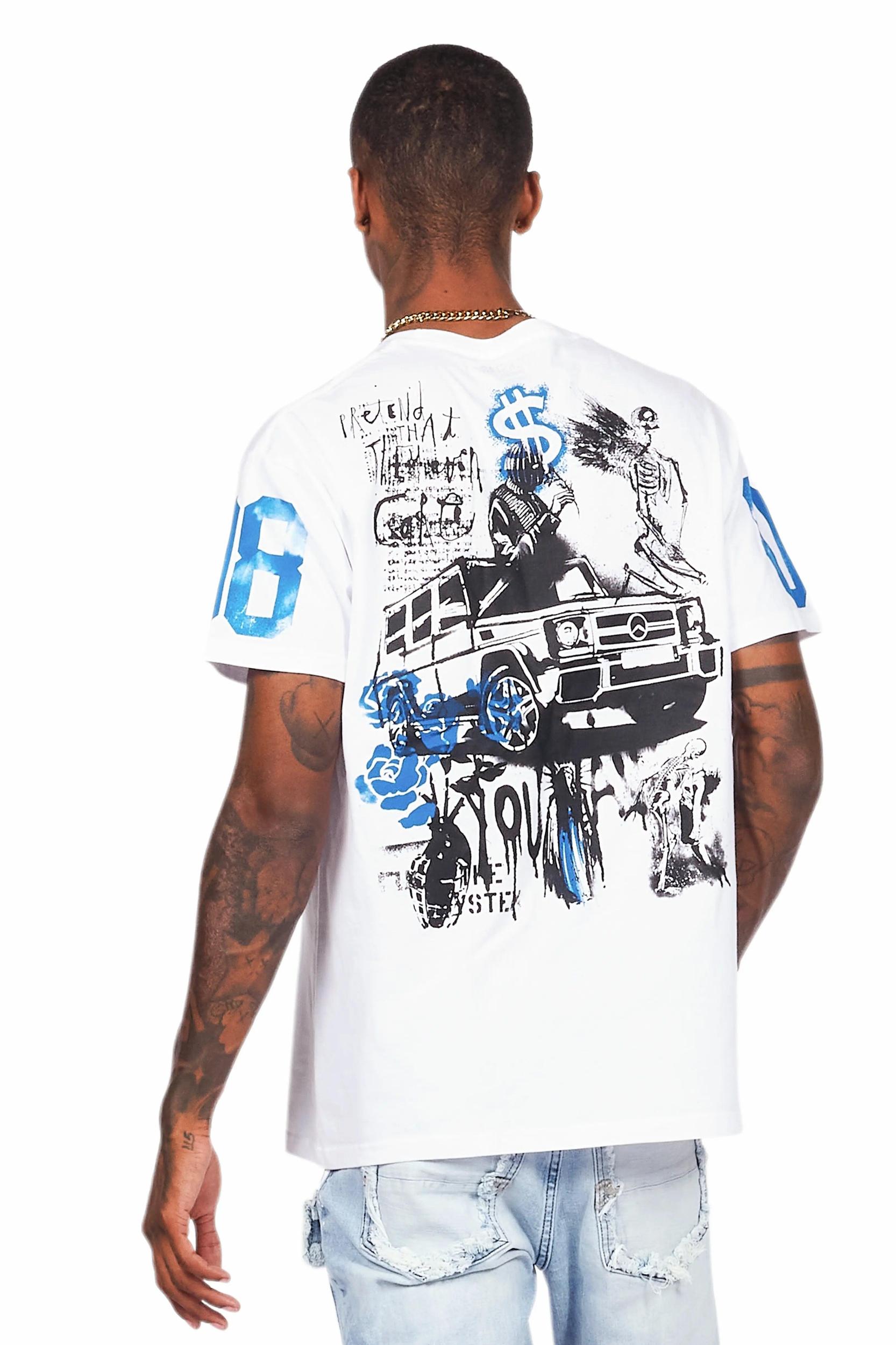 Grill White/Blue Graphic Oversized T-Shirt Male Product Image