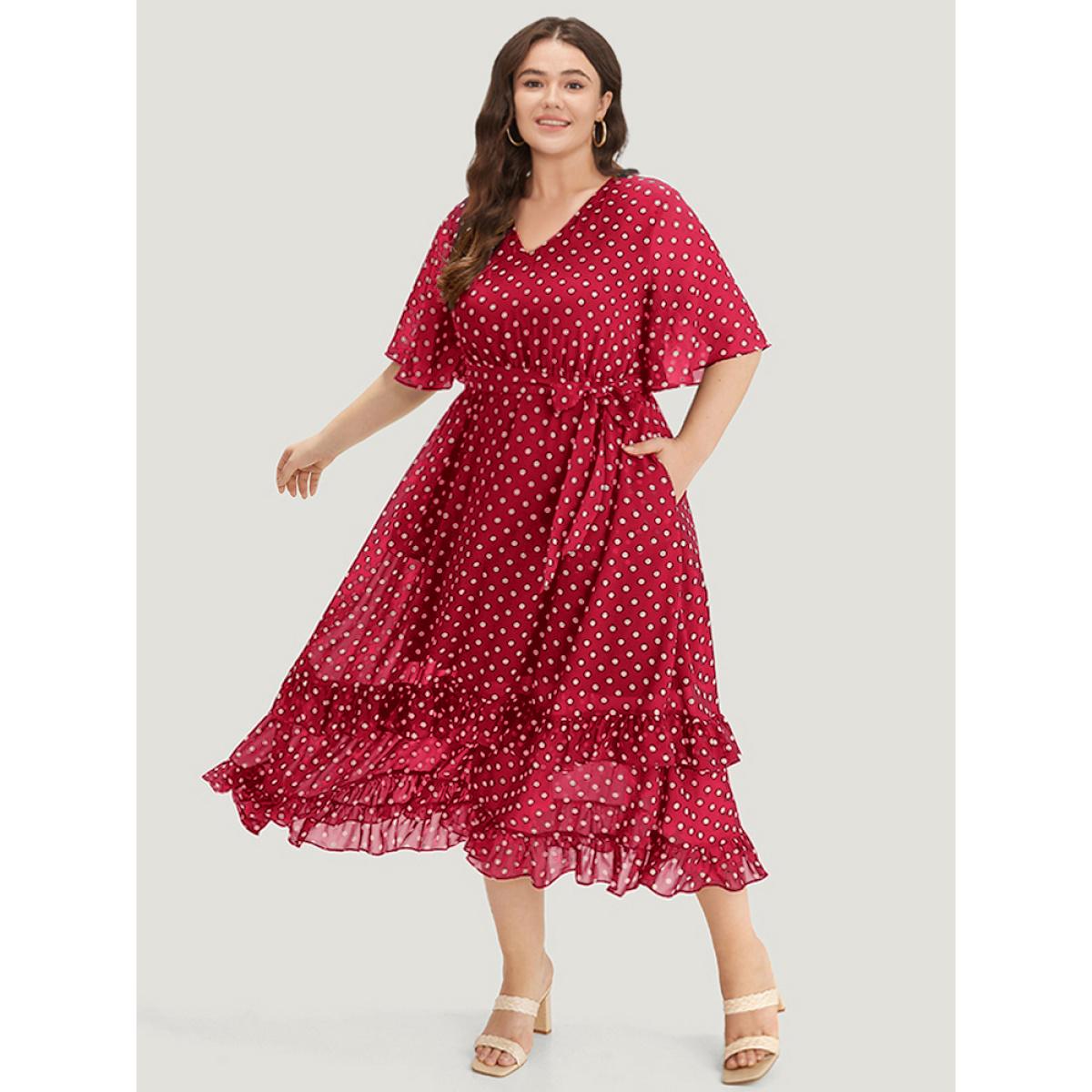 Plus Size Polka Dot Ruffles Pocket V Neck Mesh Belted Dress Raspberry Women Elegant Lined V-neck Short sleeve Curvy Midi Dress BloomChic 14-16/1X Product Image