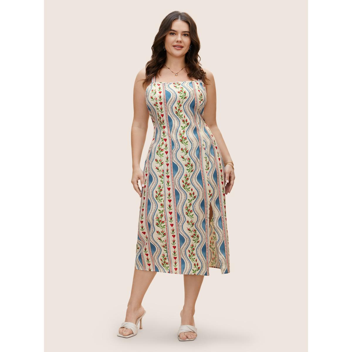 Plus Size Boho Print Split Front Cami Dress Skyblue Women Elegant Slit Non Sleeveless Curvy BloomChic 28/5X Product Image