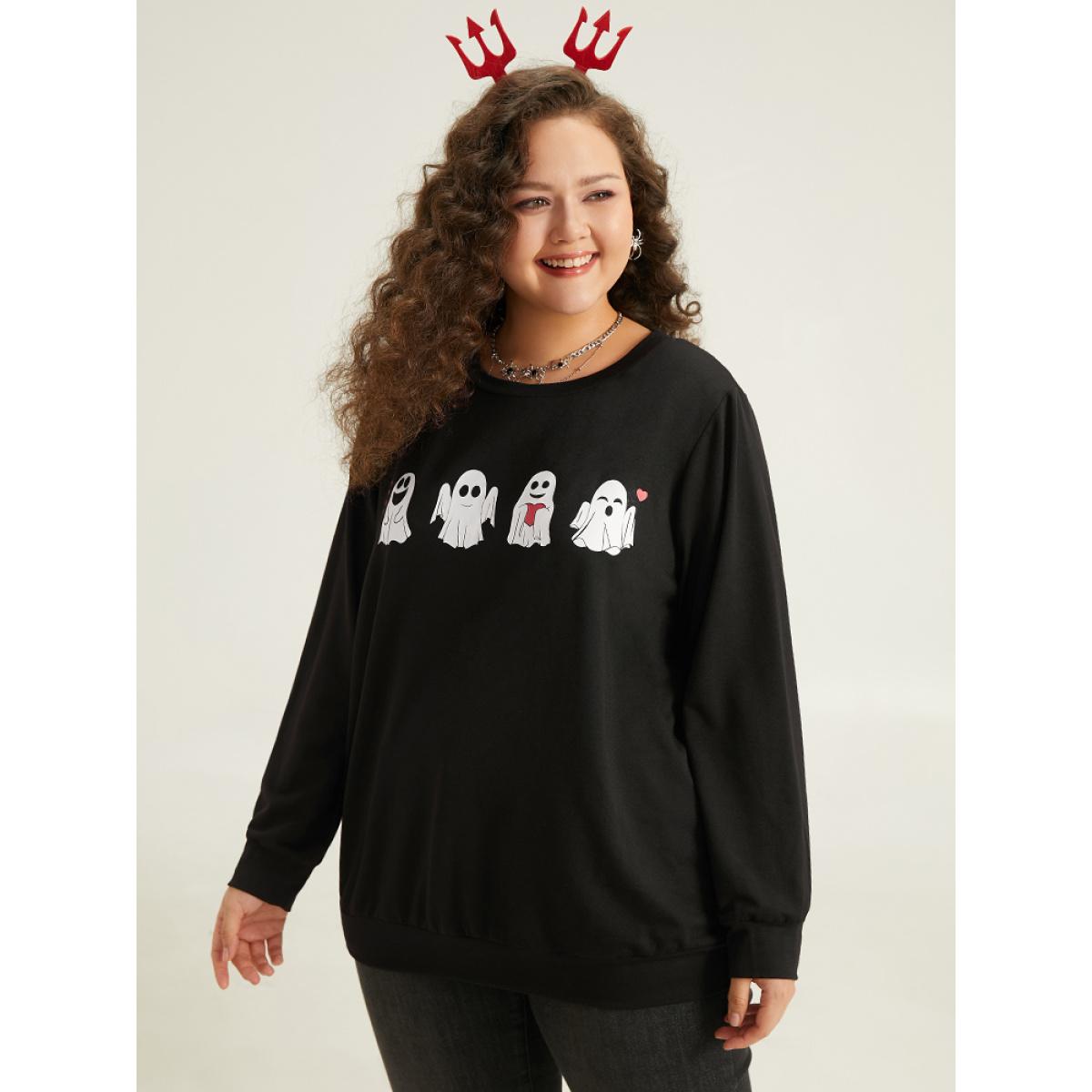 Plus Size Halloween Print Crew Neck Sweatshirt Women Black Casual Printed Festival-Halloween Sweatshirts BloomChic 22-24/3X Product Image