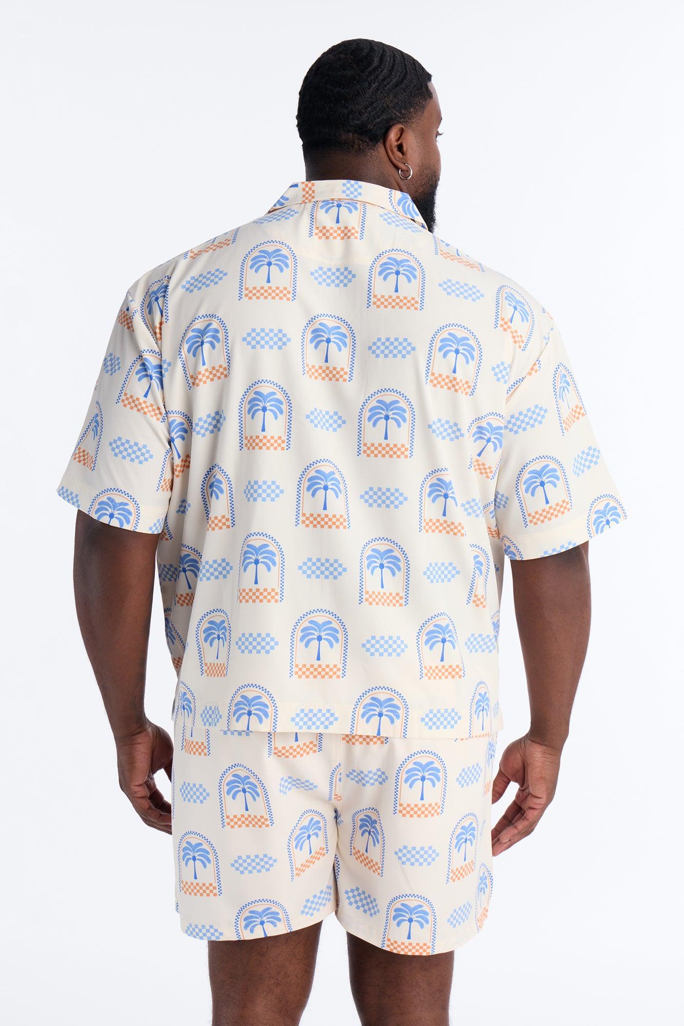 Coastal Palm Grid Cuban Collar Button Up Shirt - White/Blue Male Product Image