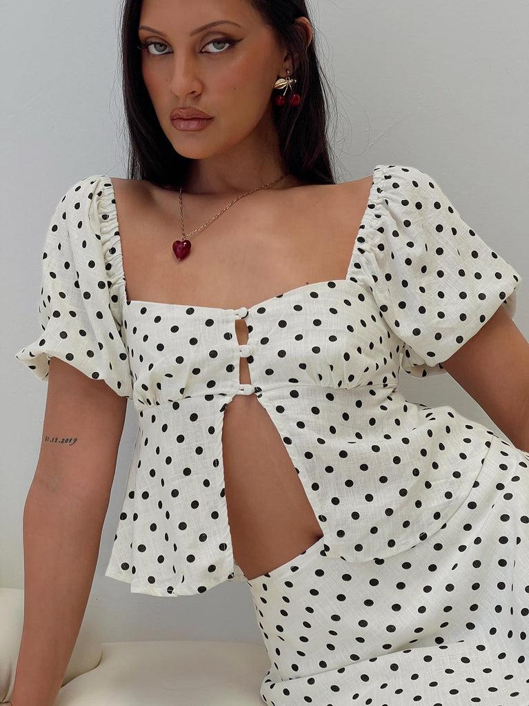 Passionfruit Linen Blend Top Cream/Black Polka Dot Product Image
