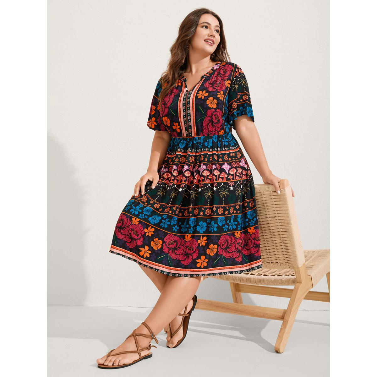 Plus Size Boho Floral Print Notched Collar Midi Dress Black Women Notched collar Short sleeve Curvy BloomChic 10/M Product Image