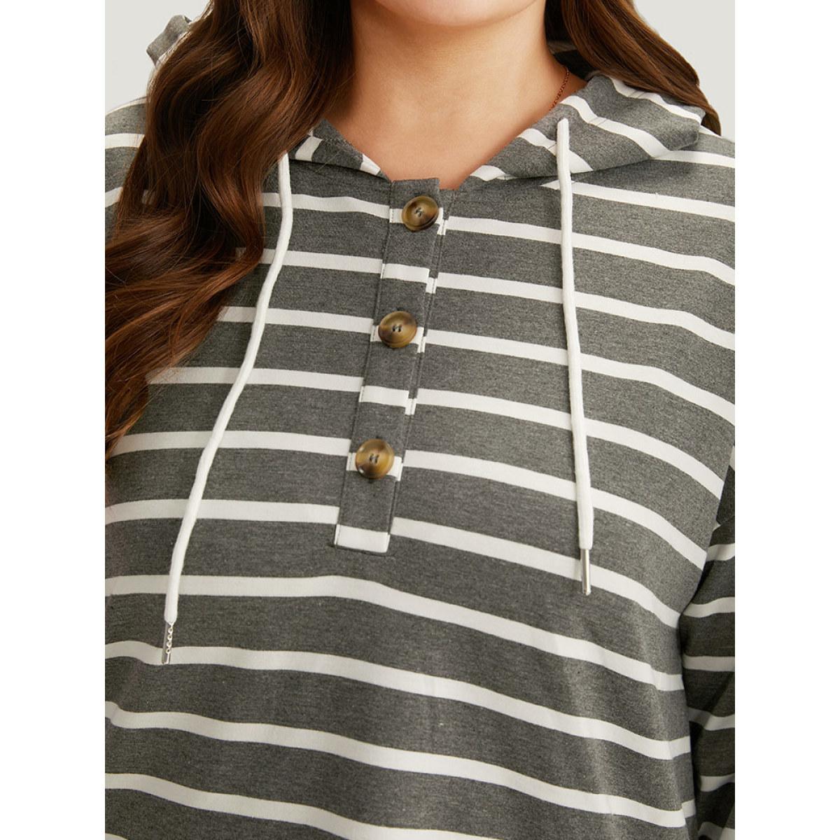 Plus Size Striped Button Up Hooded Sweatshirt Women Gray Casual Button Hooded Dailywear Sweatshirts BloomChic 10/M Product Image