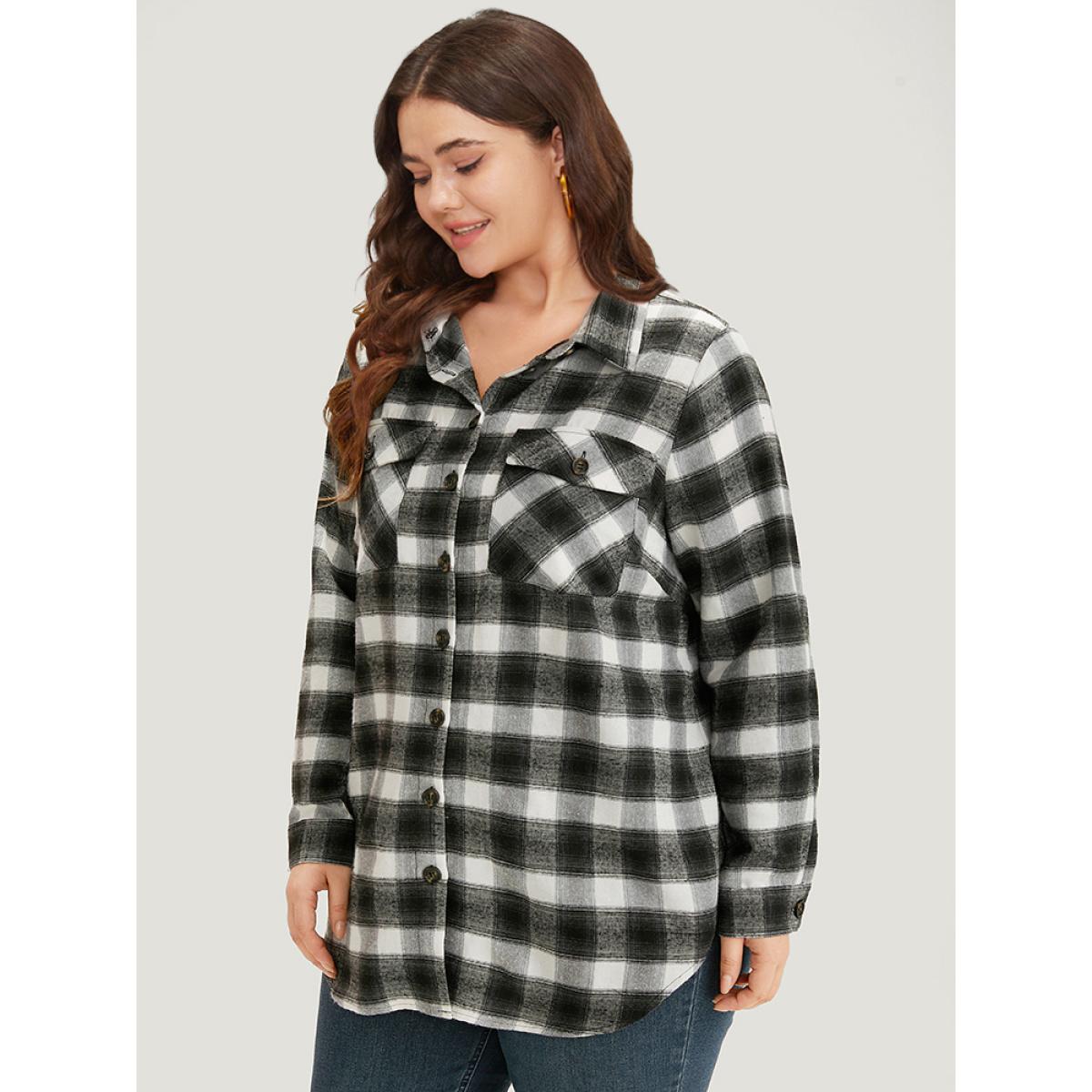 Plus Size Plaid Arc Hem Pocket Button Through Shirt Collar Coat Women Black Casual Arc Hem Ladies Dailywear Winter Coats BloomChic 14-16/1X Product Image