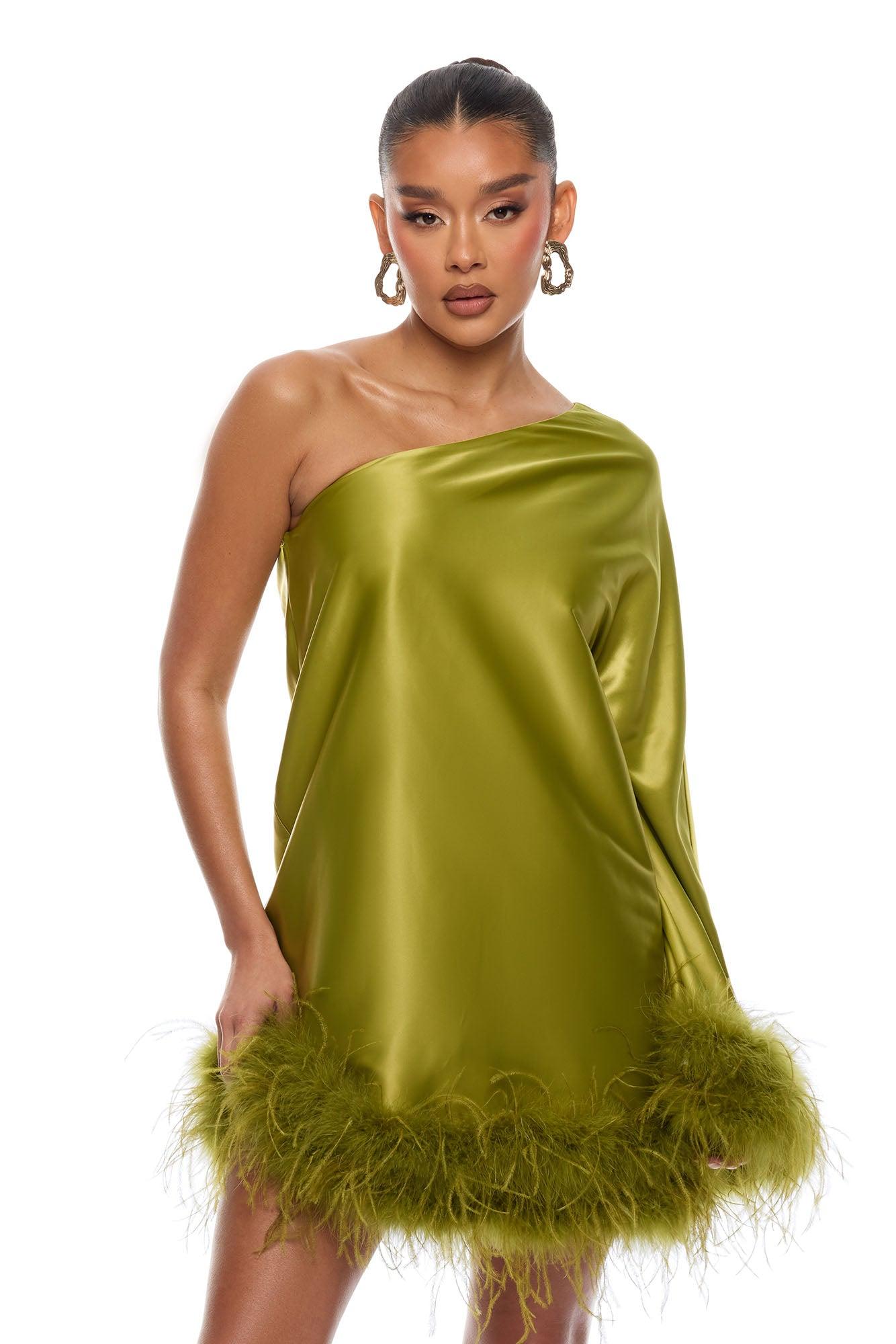 Jacqueline Feathered One Shoulder Satin Mini Dress - Chartreuse Female Product Image