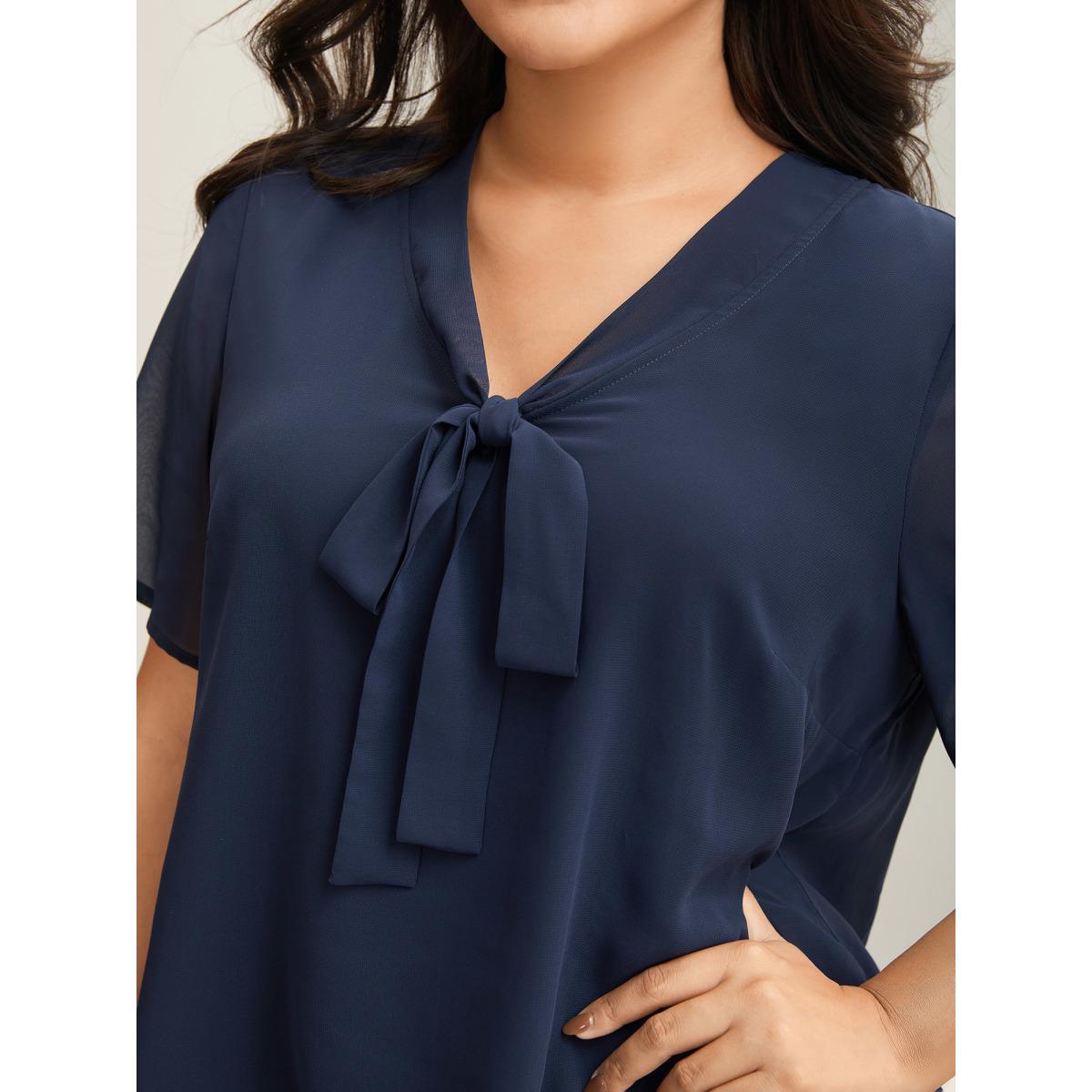 Plus Size Indigo Ribbon Collar Placket Lined Blouse Women Office Short sleeve Ribbon-tied collar Office Blouses BloomChic 26/4X Product Image