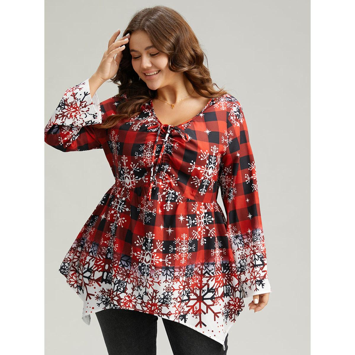 Plus Size Scarlet Oh-so-Chilly Plaid Ties Hanky Hem Blouse Women Elegant Long Sleeve V-neck Festival-Christmas Blouses BloomChic 28/5X Product Image
