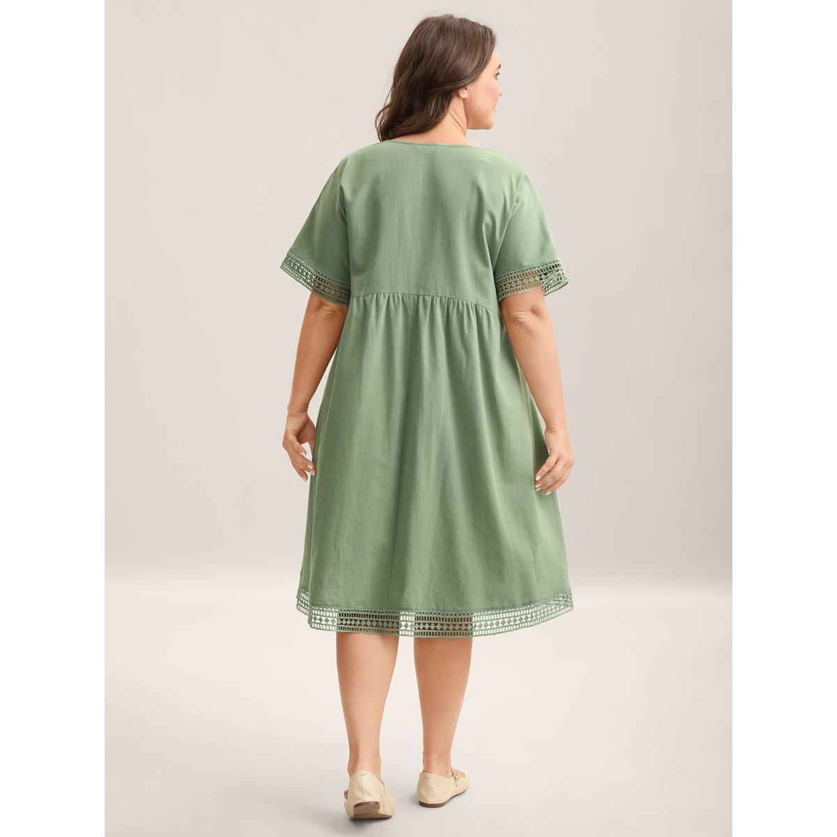 Plus Size Pure Cotton Lace Trim Sleeve Midi Dress Sage Women V-neck Short sleeve Curvy BloomChic 14-16/1X Product Image