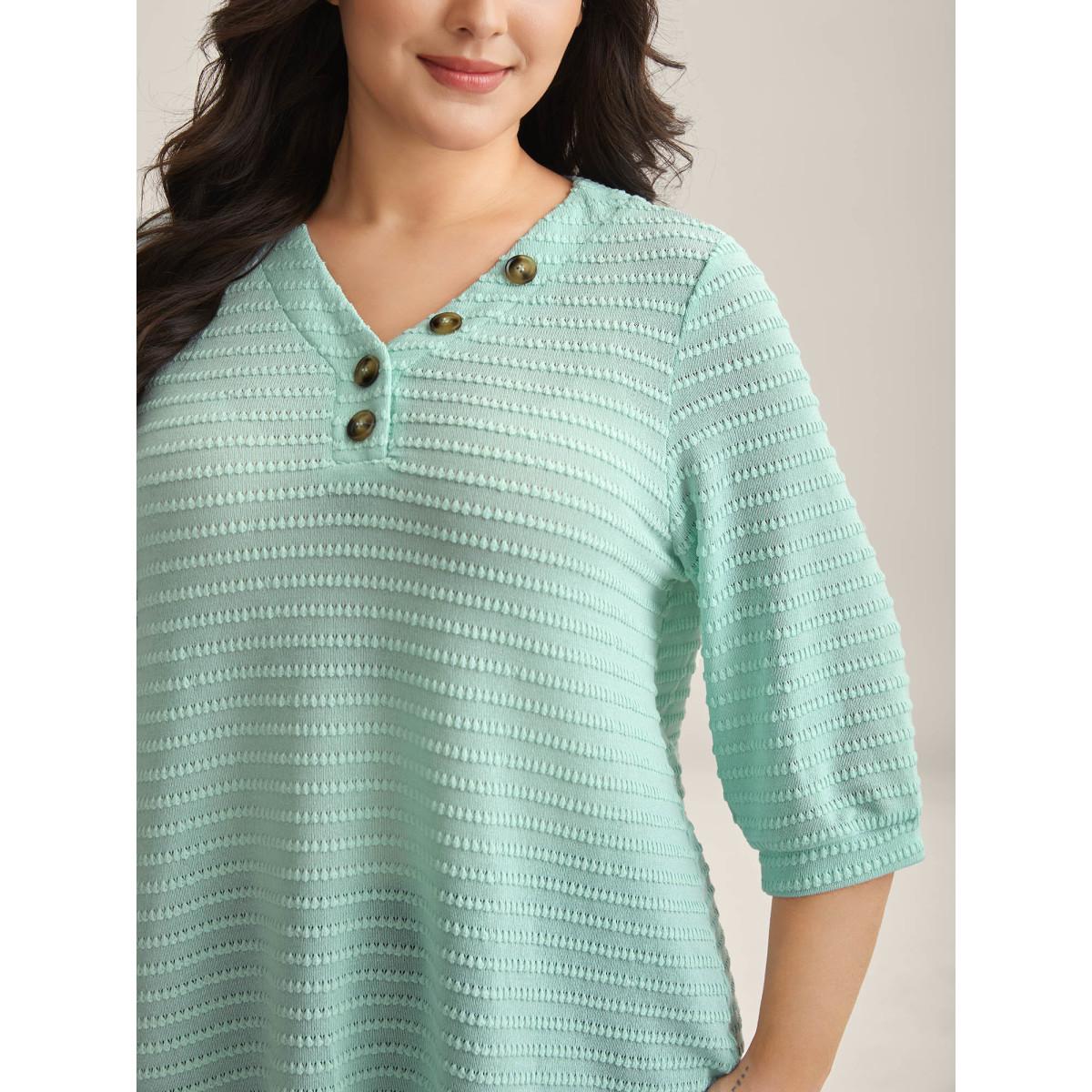 Plus Size Waffle-Grid Button Detail T-Shirt Mint Women Texture V-neck Everyday-Casual T-shirts BloomChic 14-16/1X Product Image