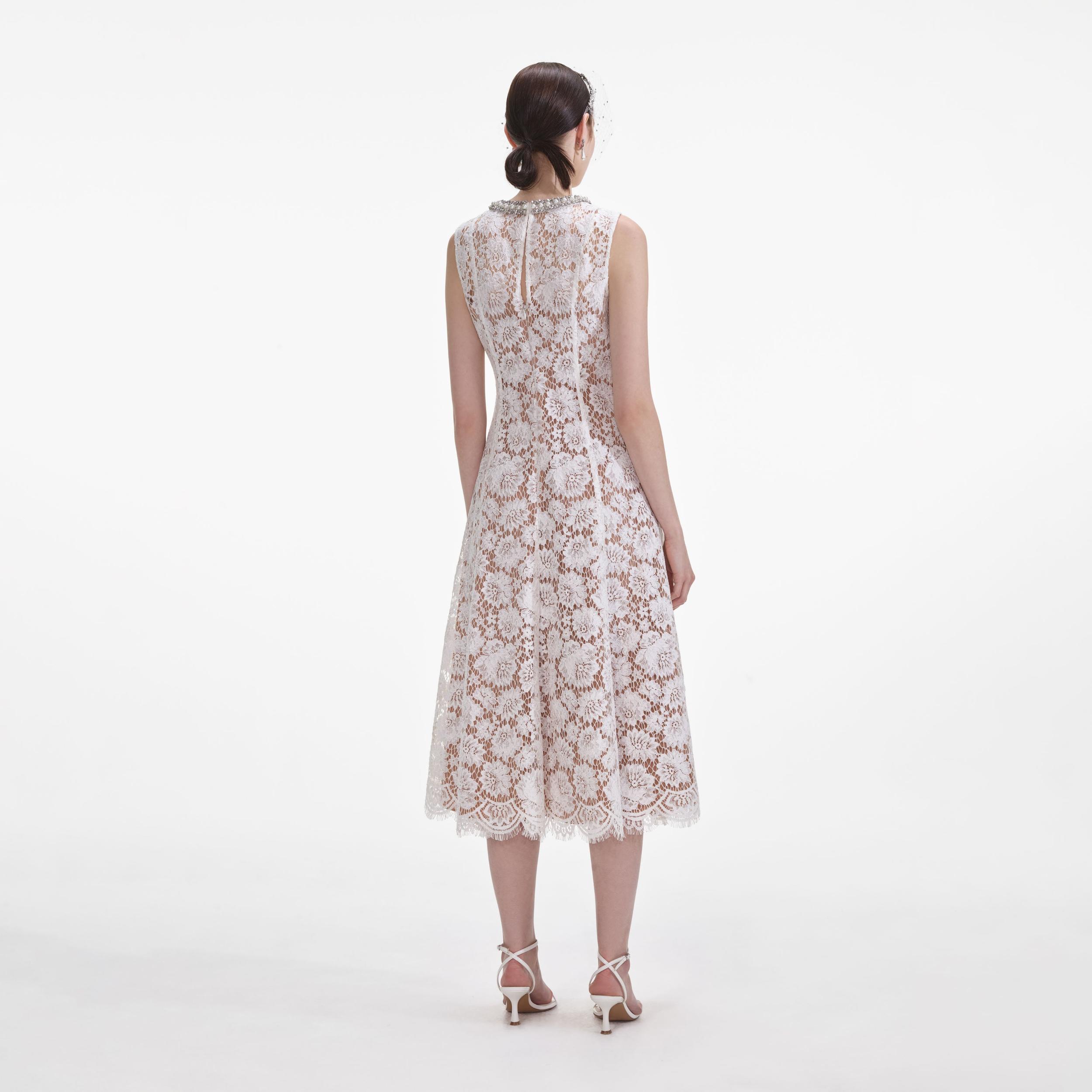 White Fine Lace Pearl Midi Dress Product Image