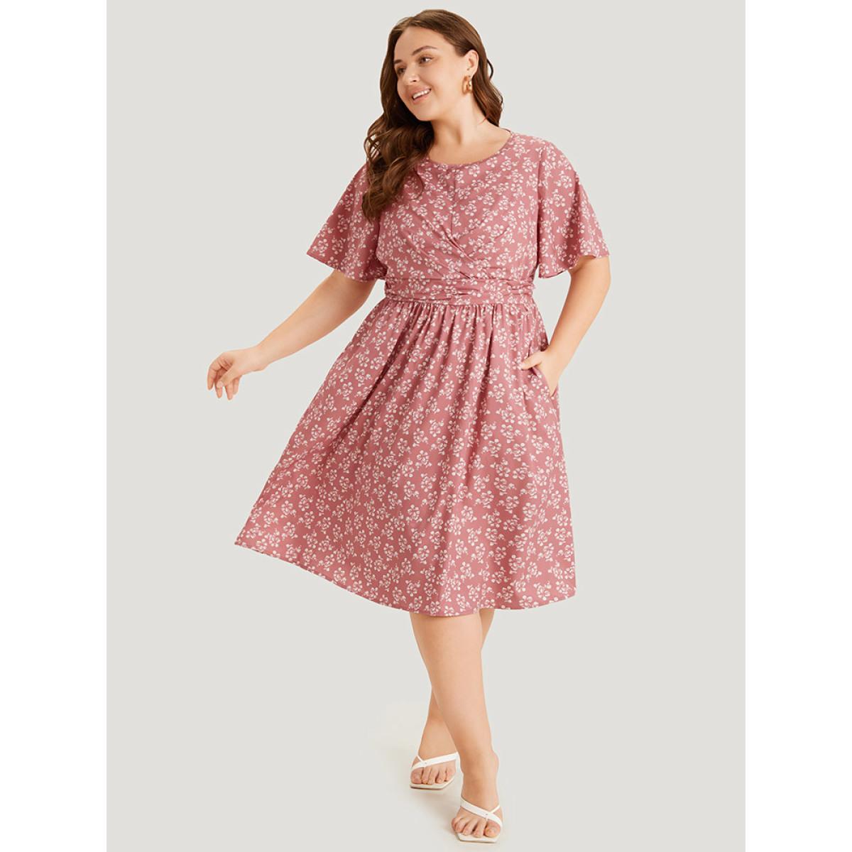 Plus Size Ditsy Floral Pocket Crossover Elastic Waist Dress DustyPink Women Elegant Printed Round Neck Short sleeve Curvy Midi Dress BloomChic 10/M Product Image