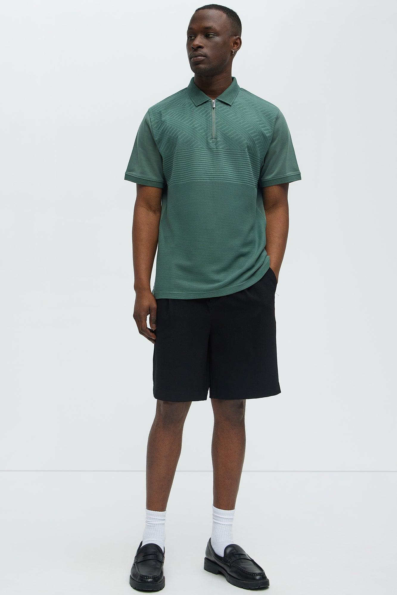 Ribbed Zip Collar Short Sleeve Polo - Green Product Image