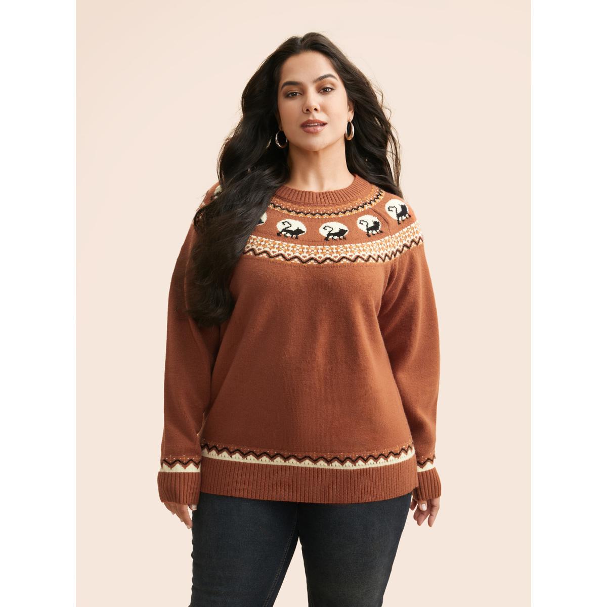 Plus Size Supersoft Essentials Wicked Cat Fair Isle Yoke Printed Pullover Rust Women Leisure Long Sleeve Round Neck Casual Pullovers BloomChic 30/6X Product Image