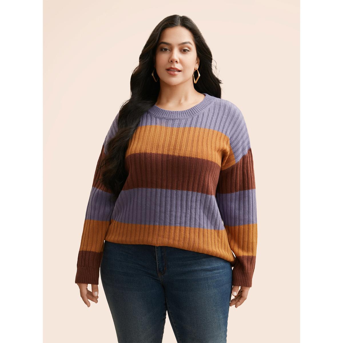 Plus Size Colorblock Contrast Split Hem Pullover Browncoffeecolor Women Casual Loose Long Sleeve Round Neck Everyday Pullovers BloomChic 22-24/3X Product Image