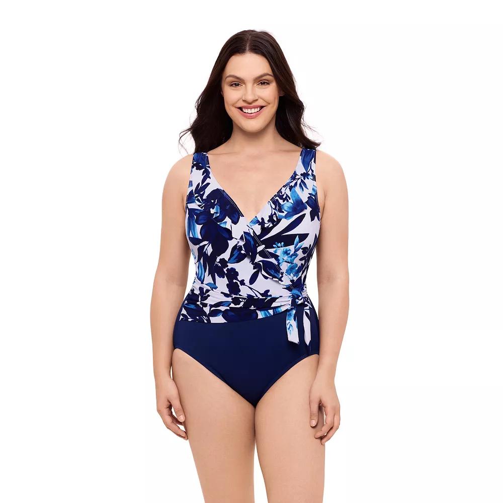 Women's Great Lengths Midnight Floral Ruffle Sash Surplice One-Piece Swimsuit, Size: 20, Black Floral Product Image
