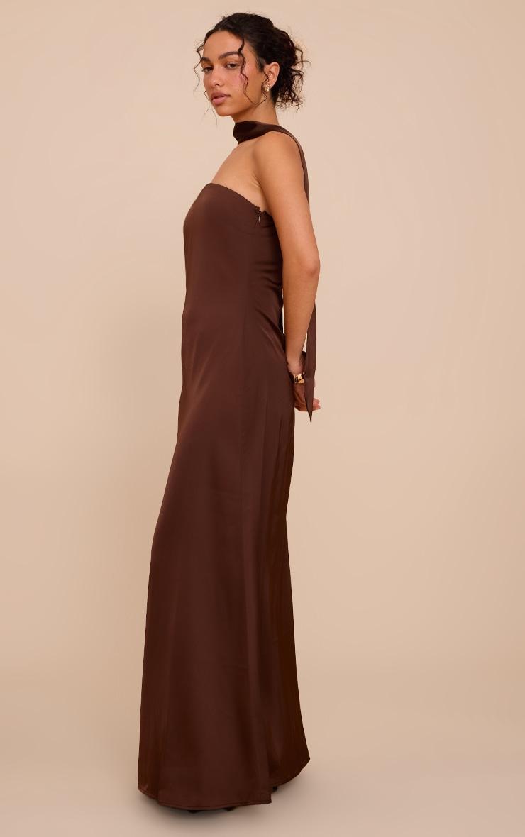 Chocolate Satin Bandeau Scarf Detail Maxi Dress Product Image