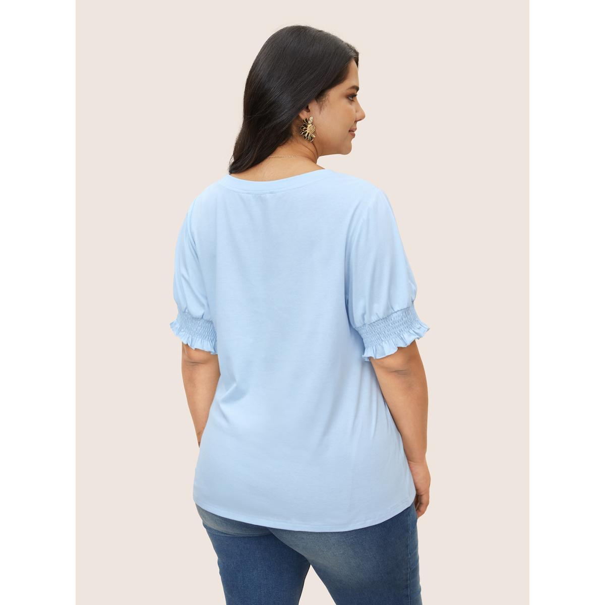 Plus Size Round Neck Solid Shirred Puff Sleeve T-shirt LightBlue Women Elegant Shirred Round Neck Everyday T-shirts BloomChic 12/L Product Image