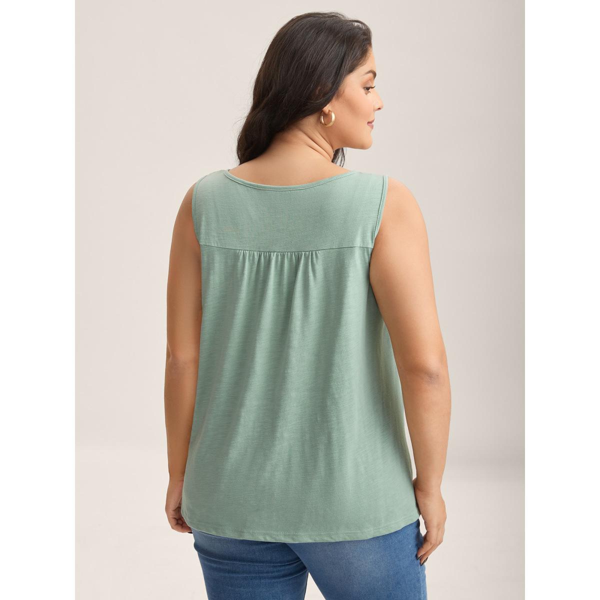 Plus Size Bamboo Cotton Stretchy Pleated Tank Top Women Greenbean Timeless Woven ribbon&lace trim Flat collar with V-notch Elegant Tank Tops Camis BloomChic 14-16/1X Product Image