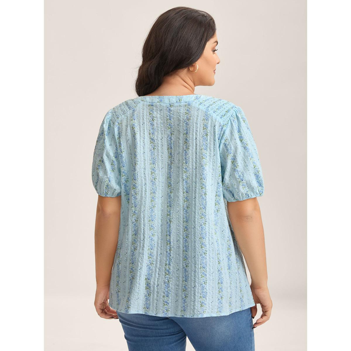 Plus Size LightBlue Cotton Floral Print Notched Collar Blouse Women Timeless Short sleeve Flat collar Elegant Blouses BloomChic 22-24/3X Product Image