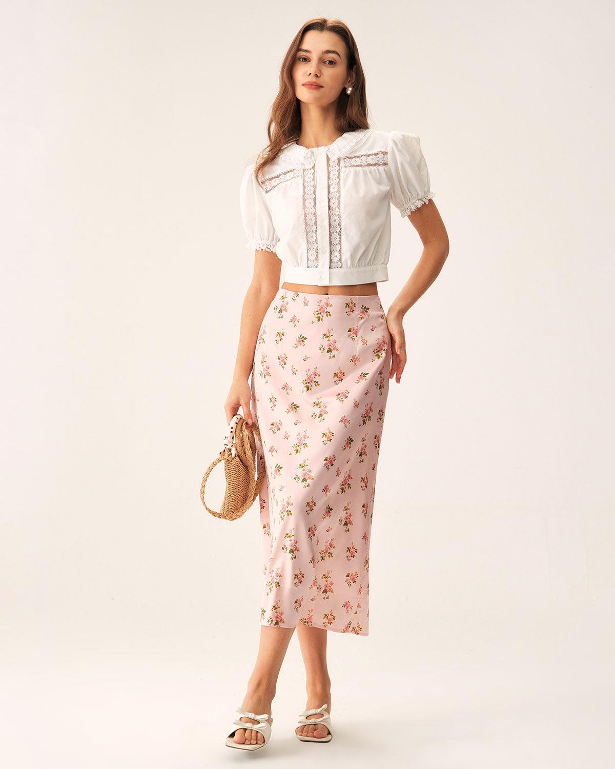 Pink Floral Satin Straight Midi Skirt Product Image