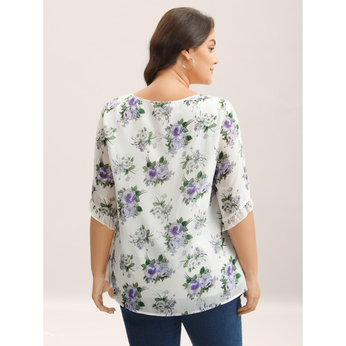 Plus Size Originalwhite Chiffon Floral Ruffled Edges Shirt Women Elegant Elbow-length sleeve Round Neck Everyday Blouses BloomChic 10/M Product Image